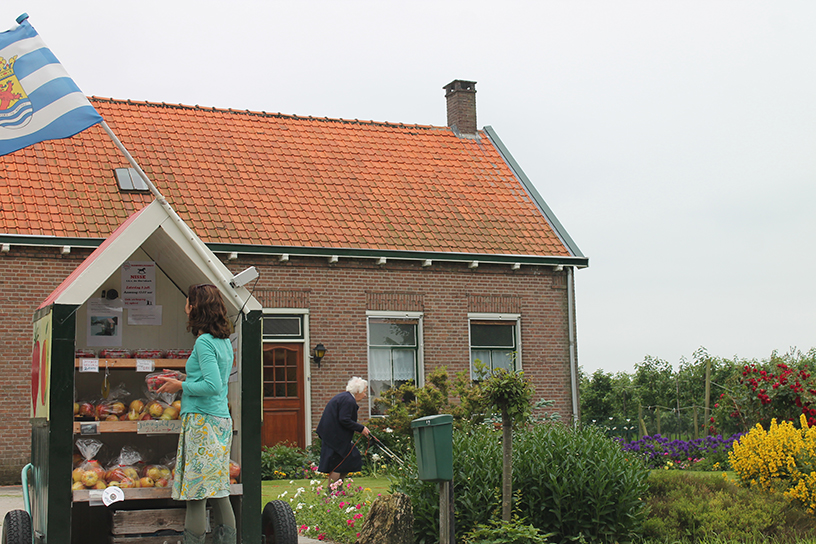 Een gezellig, redelijk oud huis met een kraampje met vers fruit